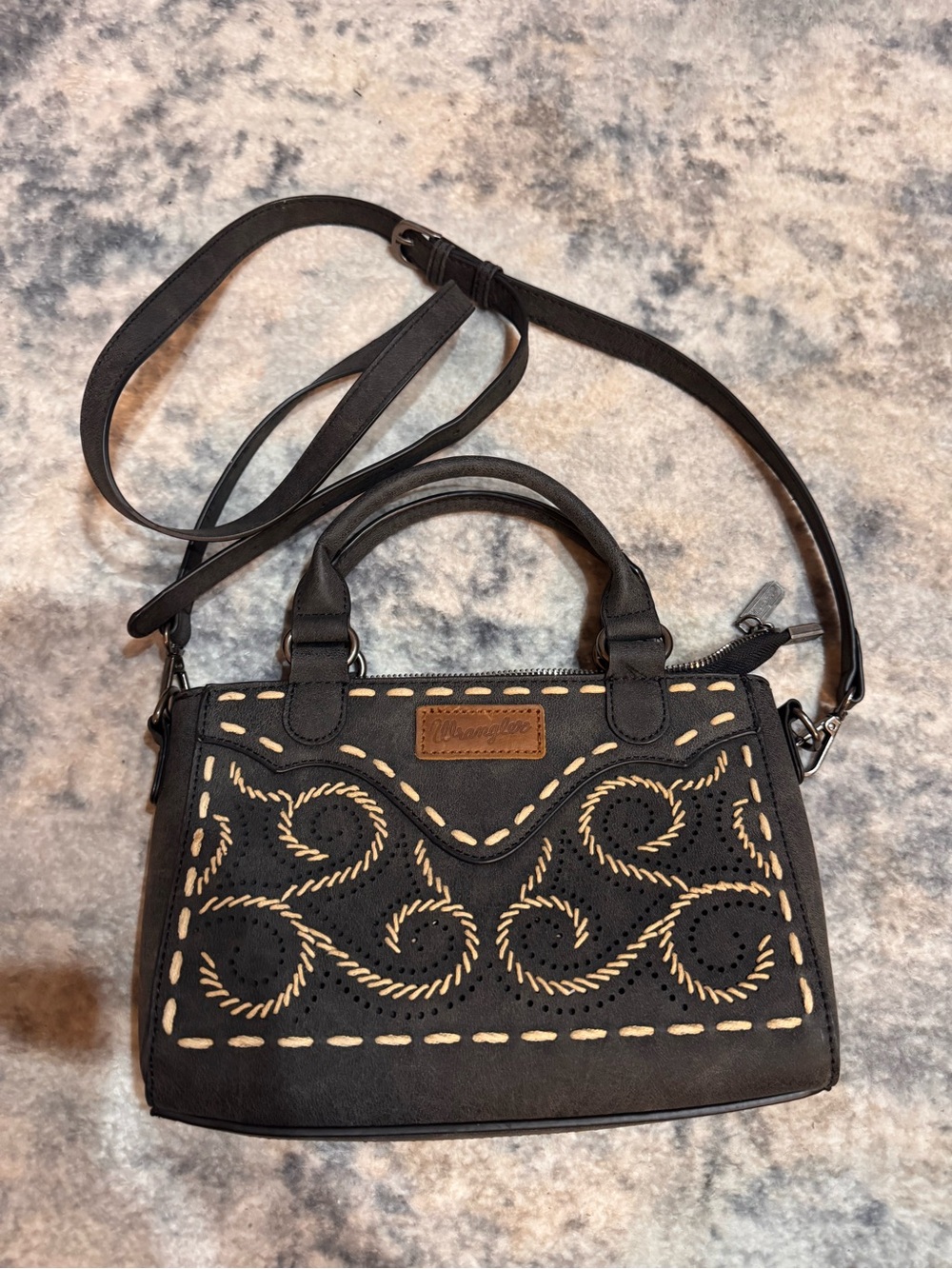 Wrangler Black Crossbody with Cream Stitching and Swirl Cutouts